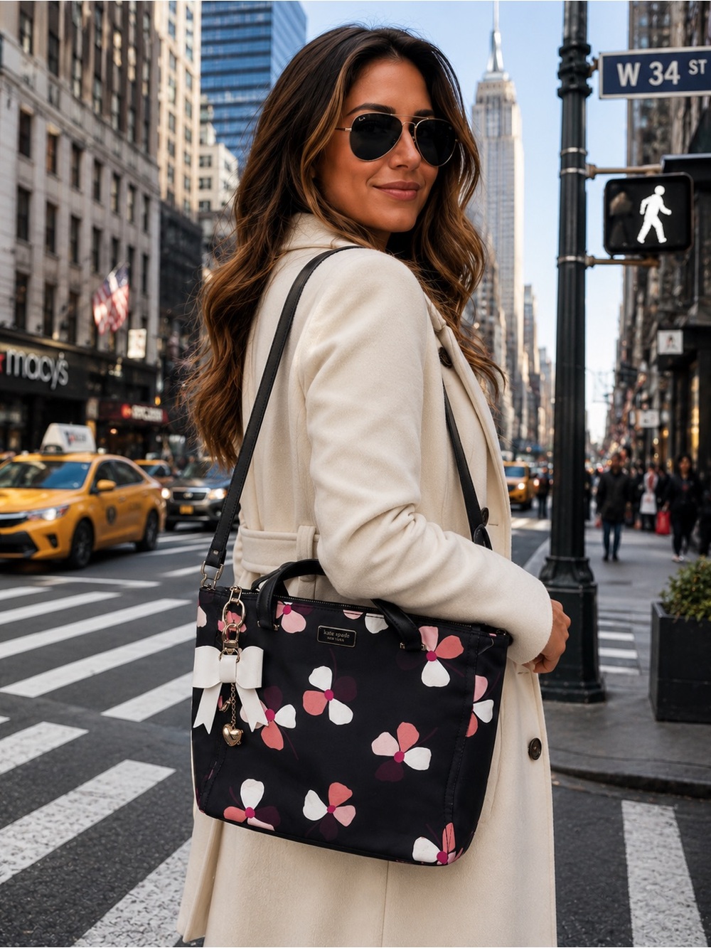 kate spade Black Floral Tote with Cream and Pink Accents